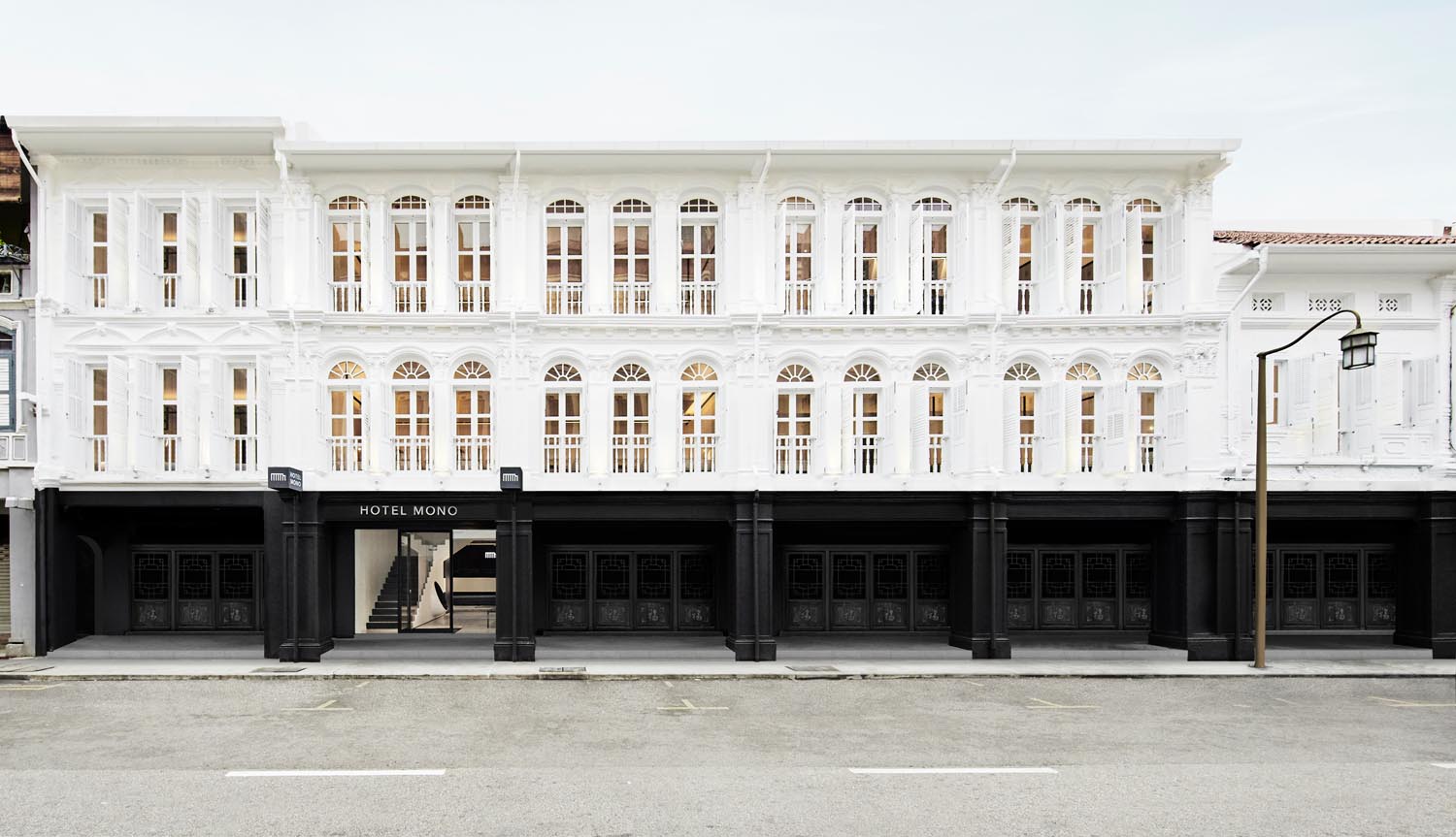 Spacedge Designs Tones Down Heritage Shophouses Renovation into a Black and White Minimalist Hotel
