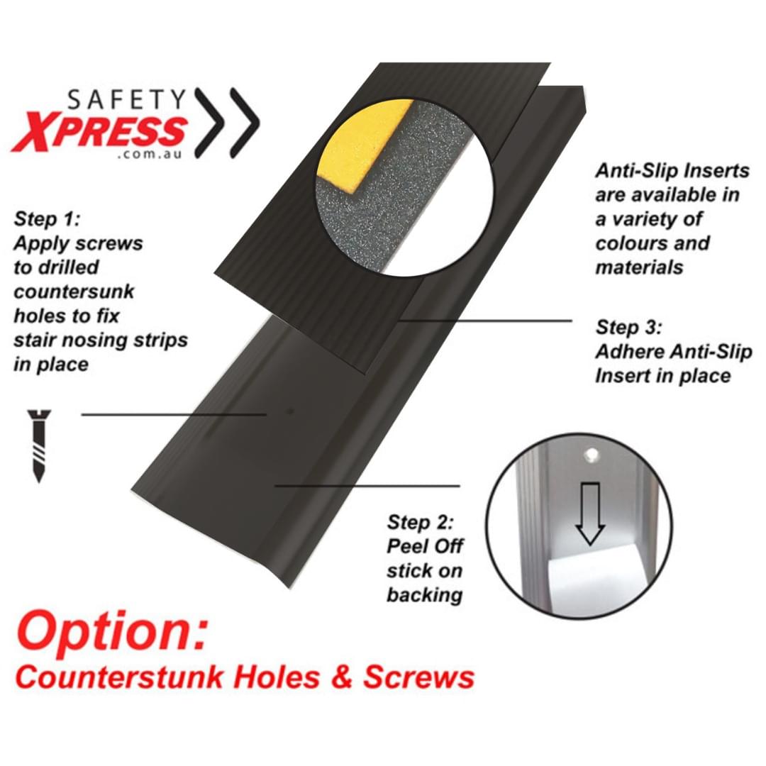 Anodised Aluminium Stair Nosing w/ Black OR Silver Aluminium Anti Slip Insert 75mmx10mm - Per Metre from Safety Xpress