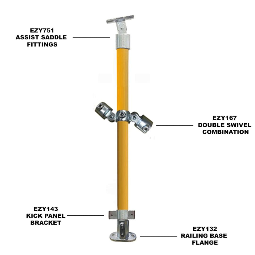 Ezyrail Landing Stanchion top and mid rail with kick panel - Galvanised Or Yellow from Safety Xpress