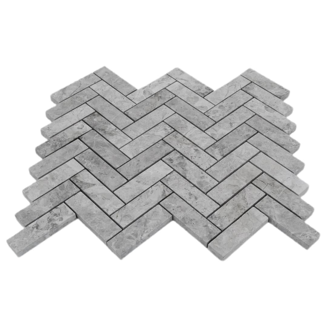 Tundra Grey Marble Medium Herringbone Mosaic from Graystone Tiles & Design Studio