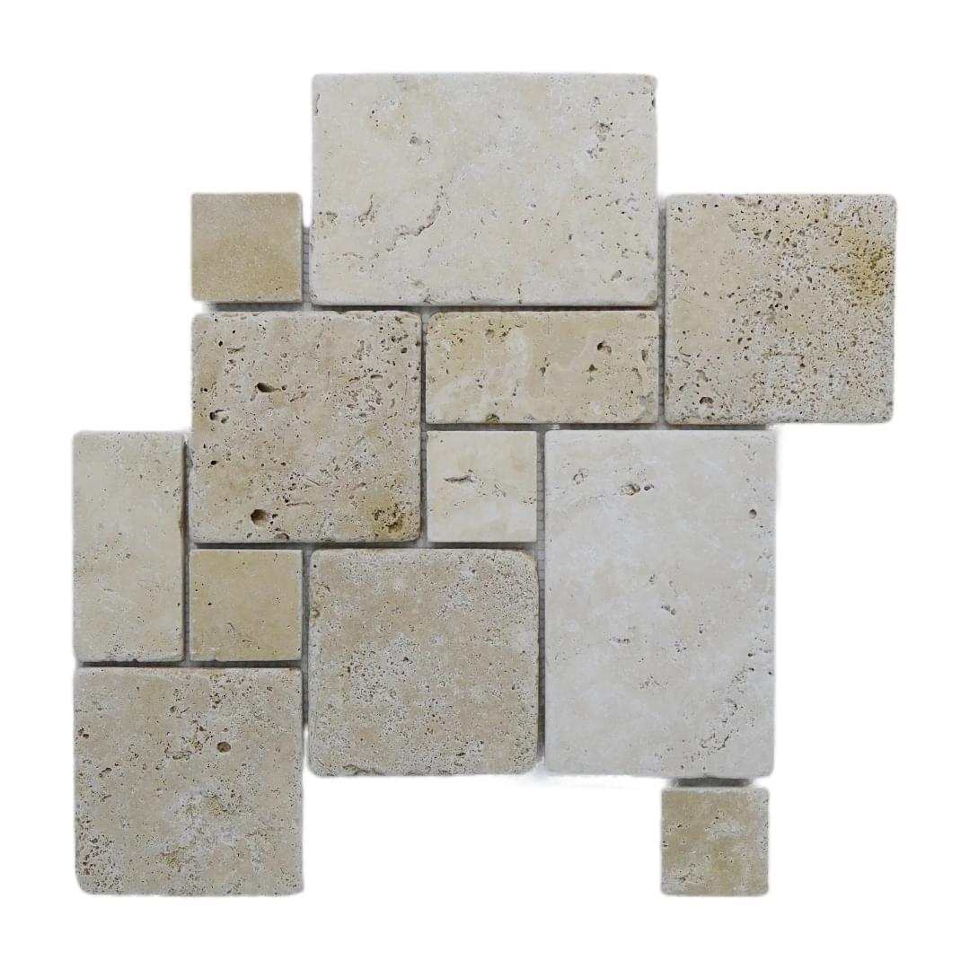 Classic Travertine Mini French Pattern Tumbled Mosaic from Graystone Tiles & Design Studio