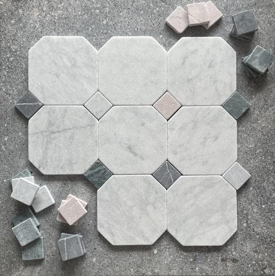 Juliette Carrara Octagon Dot Tumbled Mosaic from Graystone Tiles & Design Studio