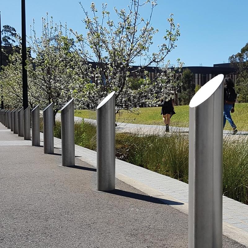 140mm Mitre-Top Stainless Steel Bollards - Base Plate from Astra Street Furniture