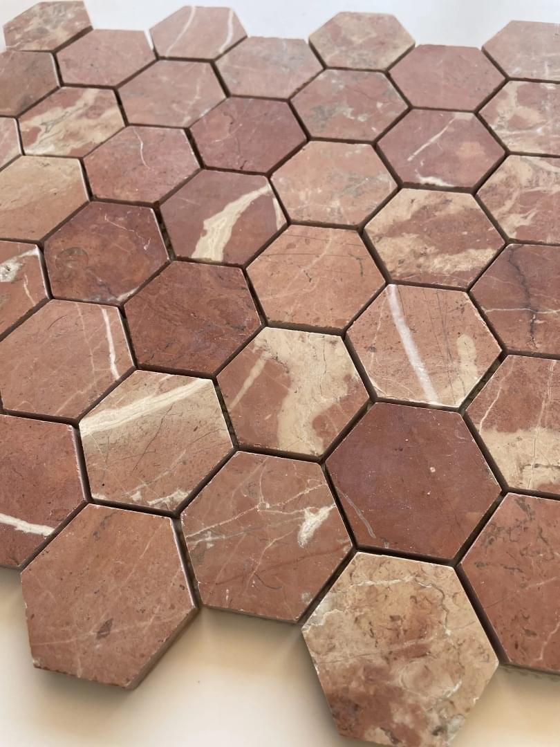 Rojo Alicante Large Hexagon Honed Marble Mosaic from Graystone Tiles & Design Studio