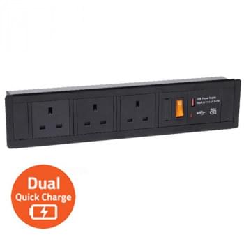 Recessed Mount Panel Power Station with 3 x BS Socket and 20W Dual USB Quick Charger- USB- A/ C