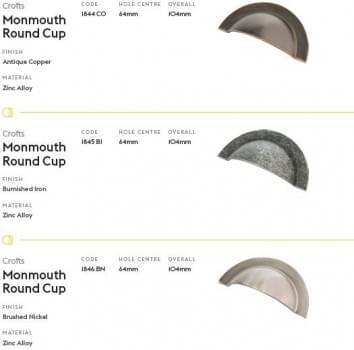Monmouth Round Cup Handle, 64mm, Brushed Nickel from Archant