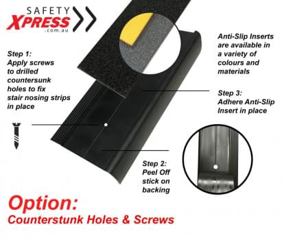 Black Anodised Aluminium Stair Nosing - Carborundum Super Anti Slip Insert - Black or Yellow - 75mmx30mm - Sold Per Metre from Safety Xpress