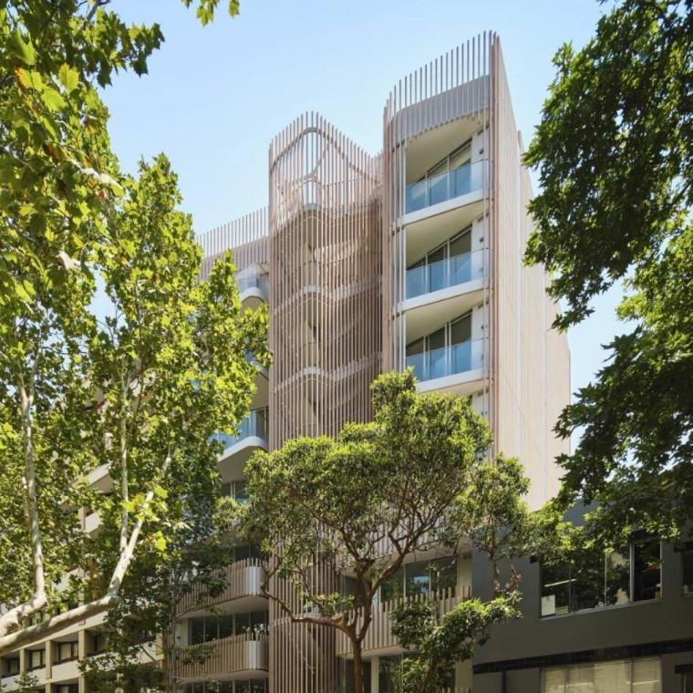 Sydney Multi-Residential Building Used Ever Art Wood Kabebari in Oku with Custom Textured Finish