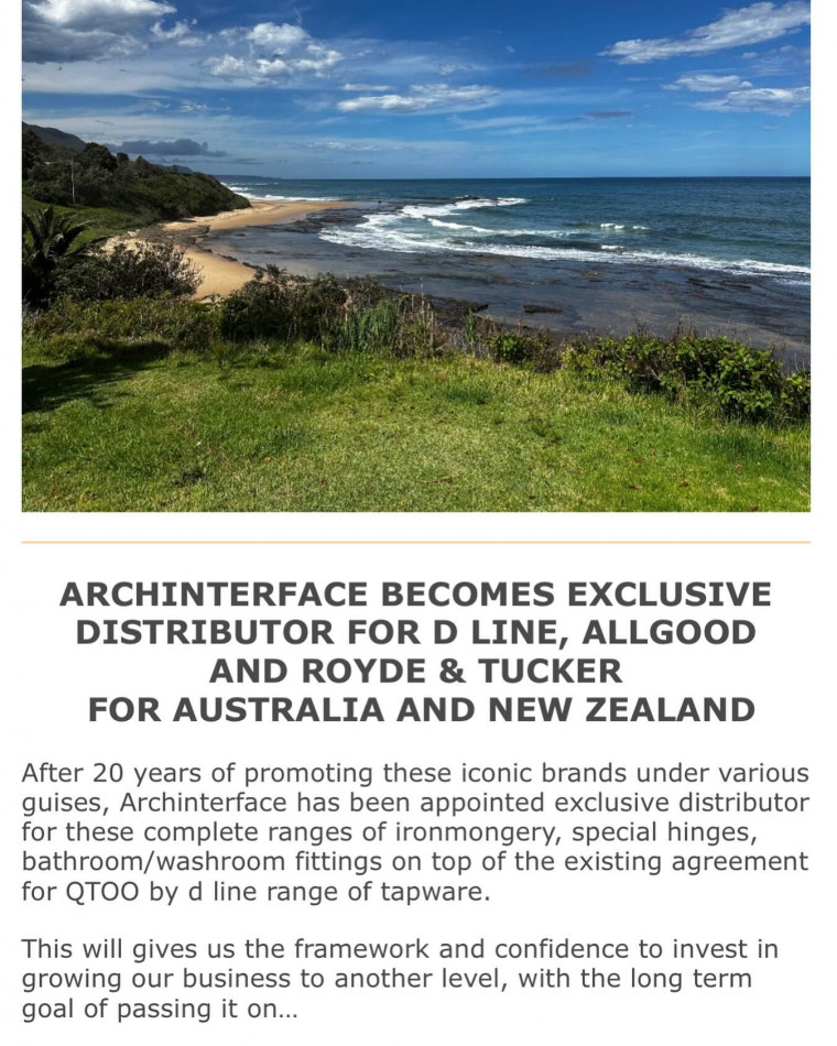 Archinterface Becomes Exclusive Distributor for D Line, Allgood and Royde & Tucker for Australia and New Zealand