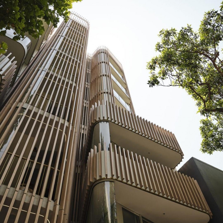 Sydney Multi-Residential Building Used Ever Art Wood Kabebari in Oku with Custom Textured Finish